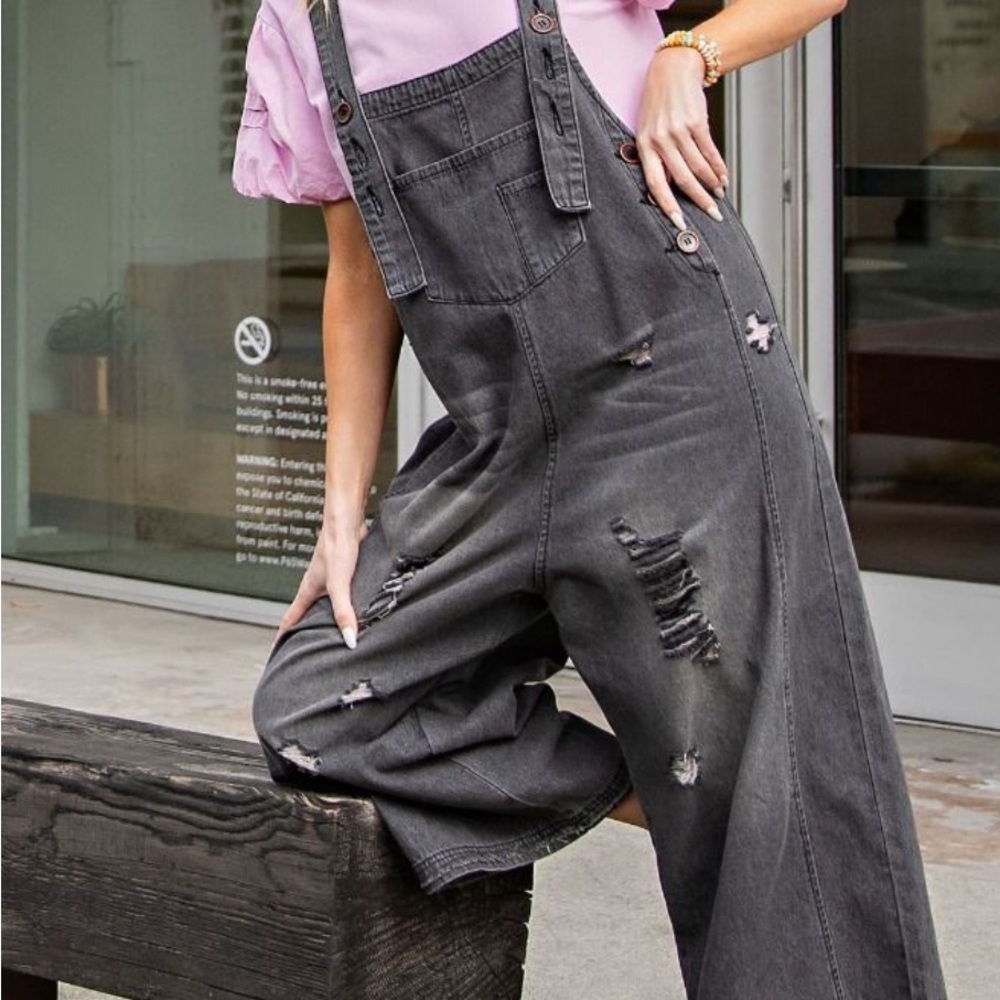 Easel Distressed Denim Oversized Overalls
